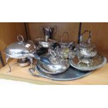 SELECTION OF SILVER PLATED WARE INCLUDING A WARMING PAN WITH STAND & BURNER, GOBLETS, SUGAR & CREAM,