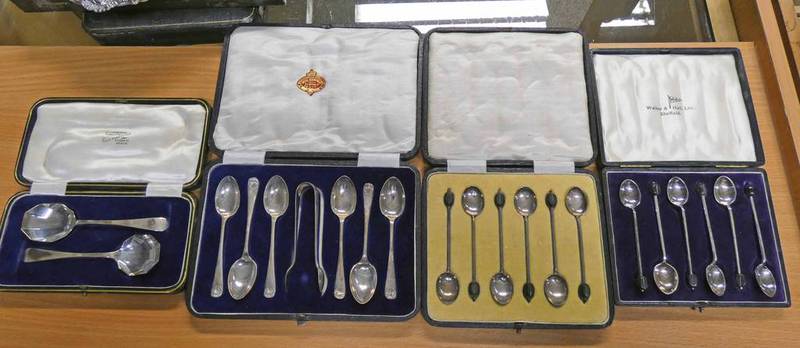 VARIOUS CASED SET SILVER TEASPOONS & TONGS ,