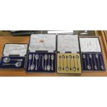 VARIOUS CASED SET SILVER TEASPOONS & TONGS ,