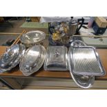 2 SILVER PLATED ENTREE DISHES, 4 PIECE SILVER PLATED TEASET, 2 TRAYS,