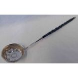 GEORGIAN SILVER TODDY LADLE WITH FLORAL EMBOSSED DECORATION COIN INSERT & TWISTED HORN HANDLE