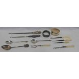 3 SILVER SPOONS, SILVER HANDLED BUTTON HOOKS,