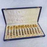 CASED SET OF 12 DANISH SILVER GILT AND ENAMELLED COFFEE SPOONS MARKED 925