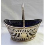 SILVER BASKET WITH BLUE GLASS LINER,