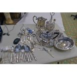 LARGE SELECTION SILVER PLATED WARE INCLUDING TEASET PART CANTEEN OF CUTLERY ETC