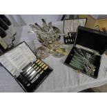 VARIOUS SILVER PLATED CASED CUTLERY, VARIOUS LOOSE CUTLERY, ROSEBOWL,