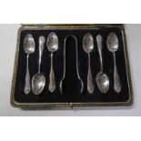 CASED SET OF 6 TEASPOONS & SUGAR TONGS BY ROBERTSON,