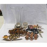 GEM SET BRACELET MARKED 925 LENGTH 18CMS, VARIOUS HARDSTONE NECKLACES, SILVER TOPPED JAR,