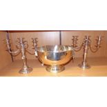 PAIR OF SILVER PLATED CANDLEABRAS & LARGE SILVER PLATED PUNCH BOWL - HEIGHT 19CMS