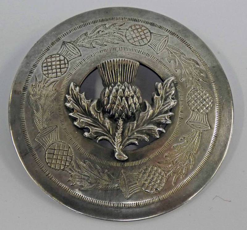 LATE 19TH CENTURY WHITE METAL THISTLE PLAID BROOCH WITH ENGRAVED DECORATION BY STOKES & SON