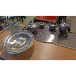 OVAL SILVER PLATED SALVER AND 4 PIECE SILVER PLATED TEASET & CIRCULAR SILVER PLATED FRUIT BOWL WITH