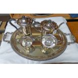 4 PLACE SILVER PLATED TEASET AND LARGE OVAL SILVER PLATED TRAY