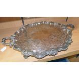 LARGE 19TH CENTURY SILVER PLATED 2-HANDLED TRAY WITH ENGRAVED DECORATION ON 4 SCROLL FEET - 70CM