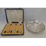 CASED SET OF 6 SILVER COFFEE BEAN SPOONS & GORHAM STERLING SILVER DISH
