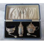 3 PIECE SILVER CRUET SET & 2 SILVER SPOONS