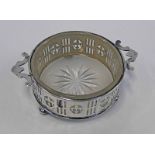 SILVER & GLASS 2 - HANDLED CIRCULAR DISH WITH PIERCED DECORATION & 3 BUN FEET,