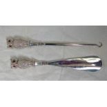NOVELTY SILVER HANDLED SHOE HORN & BUTTON HOOK WITH OWL SHAPED HANDLES,