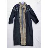 LA CONDESA BOUTIQUE LONG BLACK SUEDE COAT WITH LEATHER & DIAMANTE DETAIL & FUR COLLAR SIZE 42