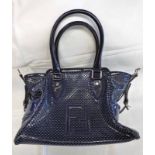 FENDI PERFORATED PATENT NAVY LEATHER SATCHEL BAG