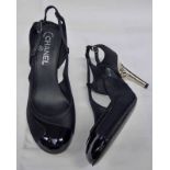 NEW CHANEL BLACK SATIN COURT SHOES WITH PATENT TOE & SILVER HEEL DETAIL SIZE 37 WITH PHOTOCOPY OF