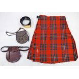 KILT WITH BROWN LEATHER BELT AND 2 BROWN LEATHER SPORRANS
