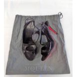 ALEXANDER MCQUEEN BLACK LEATHER STRAPPY PEEP- TOE HIGH HEELS WITH PINK SOLE, SIZE 37.