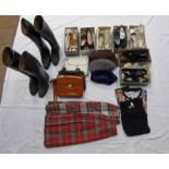 SELECTION OF LADIES HEELED SHOES, HANDBAGS, LEATHER BOOTS, HATS & SCARVES, KILTS,