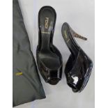 FENDI PATENT BLACK LEATHER PEEP-TOE ZUCCHINO PLATFORM MULES SIZE 36.