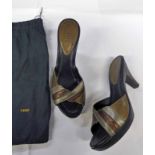 FENDI METALLIC GOLD BRONZE PEEP-TOE HEELED MULES SIZE 36