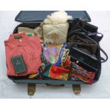 SUITCASE WITH A SELECTION OF HANDBAGS, SCARVES, FUR,