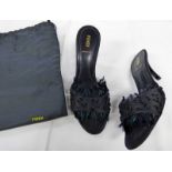 FENDI BLACK CANVAS PEEP-TOE HEELED MULES WITH BEAD & FRINGE DETAIL SIZE 37