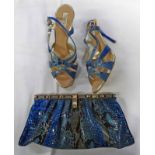 NEW ROBERTO CAVALLI SET OF BLUE SNAKESKIN LEATHER HEELED SANDALS SIZE 36 AND MATCHING CLUTCH BAG