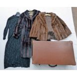 BROWN TRUNK WITH LONG BLACK DRESS, JONES FUR SERVICE SHORT BROWN FUR COAT & D.