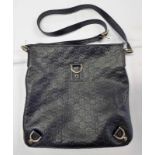 BLACK LEATHER GG EMBOSSED GUCCI MESSENGER BAG WITH GILT DETAILS