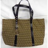 NEW FENDI FF ZUCCA TOBACCO CANVAS TOTE SHOPPER BAG WITH BROWN LEATHER HANDLES WITH ORIGINAL