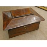 19TH CENTURY ROSEWOOD SARCOPHAGUS SEWING BOX WITH SECTIONAL LIFT OUT TRAY AND FABRIC LINED LID