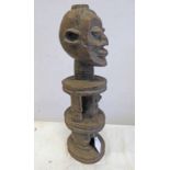 CONGO CARVED WOOD FIGURE WITH GIRDLE SHOULDERS AND BASKET WEAVE CARVING TO WAIST,