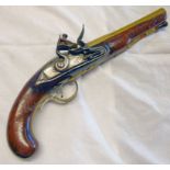 25 BORE FLINTLOCK BRASS BARRELLED HOLSTER PISTOL WITH 20CM LONG TWO-STAGE BARREL ENGRAVED 'LONDON'