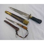 INDIAN DOUBLE EDGE KNIFE WITH SCABBARD AND A MIDDLE EASTERN DAGGER WITH FULLERED BLADE AND SCABBARD