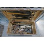 LARGE WOODEN TOOL CHEST WITH CONTENTS OF VARIOUS TOOLS TO INCLUDE DISSTON SAW, HAMMERS,