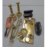 PAIR OF BRASS CANDLE STICKS, HORN SPOON, CASED SCALES, BRASS WEIGHTS,