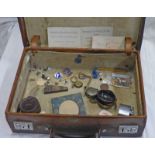 LEATHER SUITCASE WITH CONTENTS TO INCLUDE A HORN HANDLED FLEAM, MAGNIFYING GLASS, PREFECT BADGE,