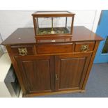 A 19TH CENTURY MAHOGANY CABINET THE PLAIN RECTANGULAR TOP INCORPORATING A CENTRAL WELL WITH BRASS