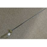 20TH CENTURY COURT SWORD WITH DECORATED BRASS STIRRUP HILT AND POMMEL,