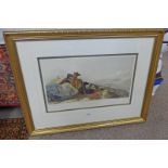 GILT FRAMED PICTURE EXAMINING THE GROUND - 30 CM X 56 CM