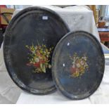 2 OVAL 19TH CENTURY PAPER MACHINE TRAYS WITH FLORAL DECORATION LARGEST 76 CM LONG