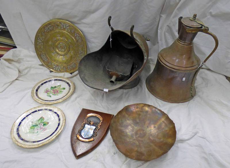 COPPER COAL SCUTTLE AND A COPPER MIDDLE EASTERN BELL SHAPED JUG ETC