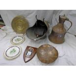 COPPER COAL SCUTTLE AND A COPPER MIDDLE EASTERN BELL SHAPED JUG ETC