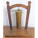 WW1 1919 DATED INLAID OAK DINNER GONG WITH ARTILLERY SHELL GONG AND SIDE LEVER HANDLE,