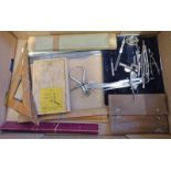 VARIOUS DRAWING AND OTHER INSTRUMENTS TO INCLUDE CALIPERS, DIVIDERS, SET SQUARE,